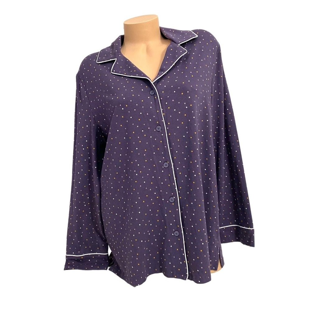 SOMA LARGE Embraceable Notch Collar Pajama Long Sleeve Top Button‎ Down Dots
